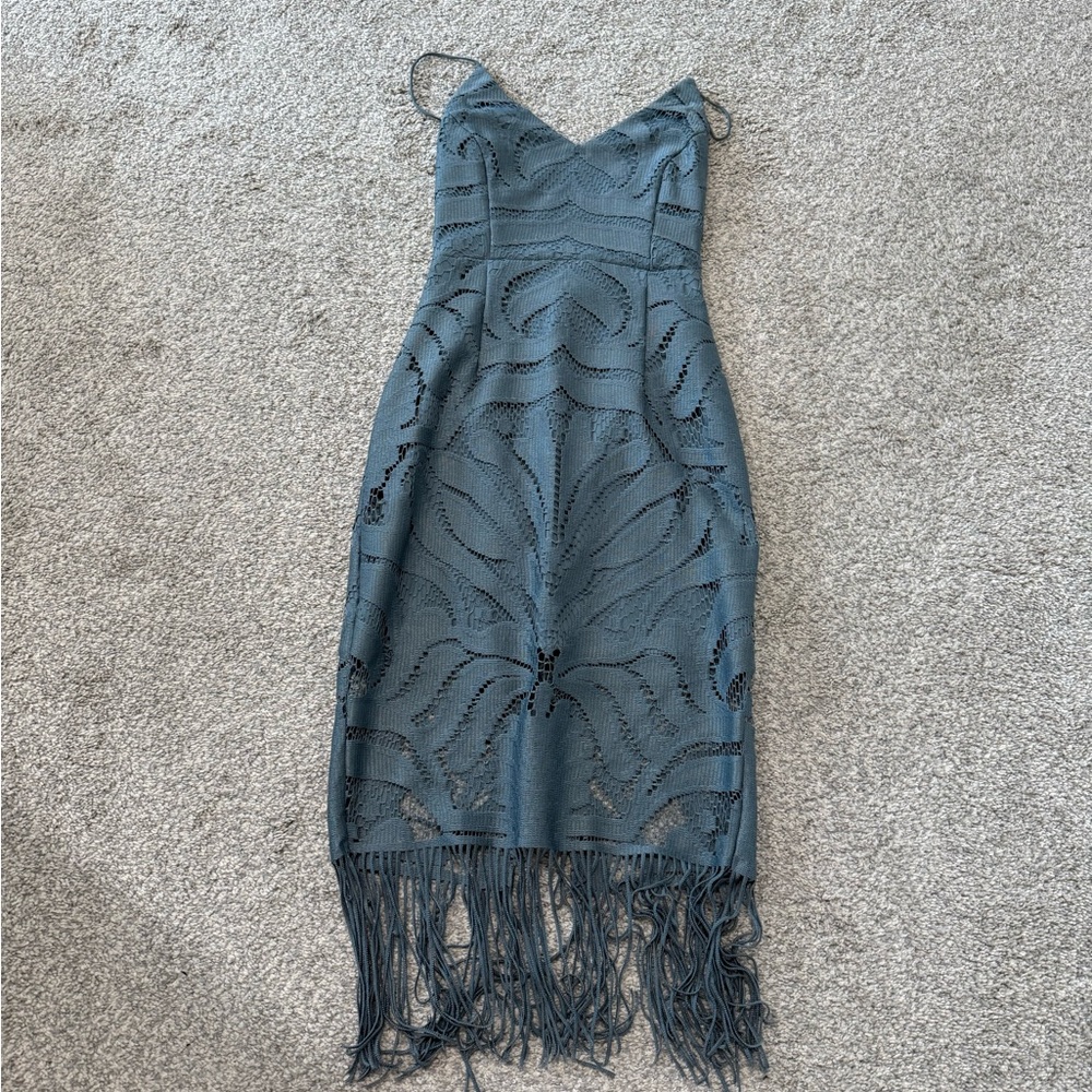Elegant Teal Lace Dress with Fringe